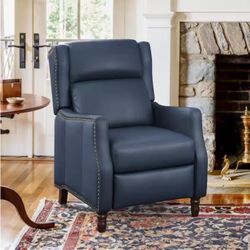 Lange 28in. W Navy Genuine Leather Nailhead Trim Recliner Armchair with Cushioned Back and Wooden Legs