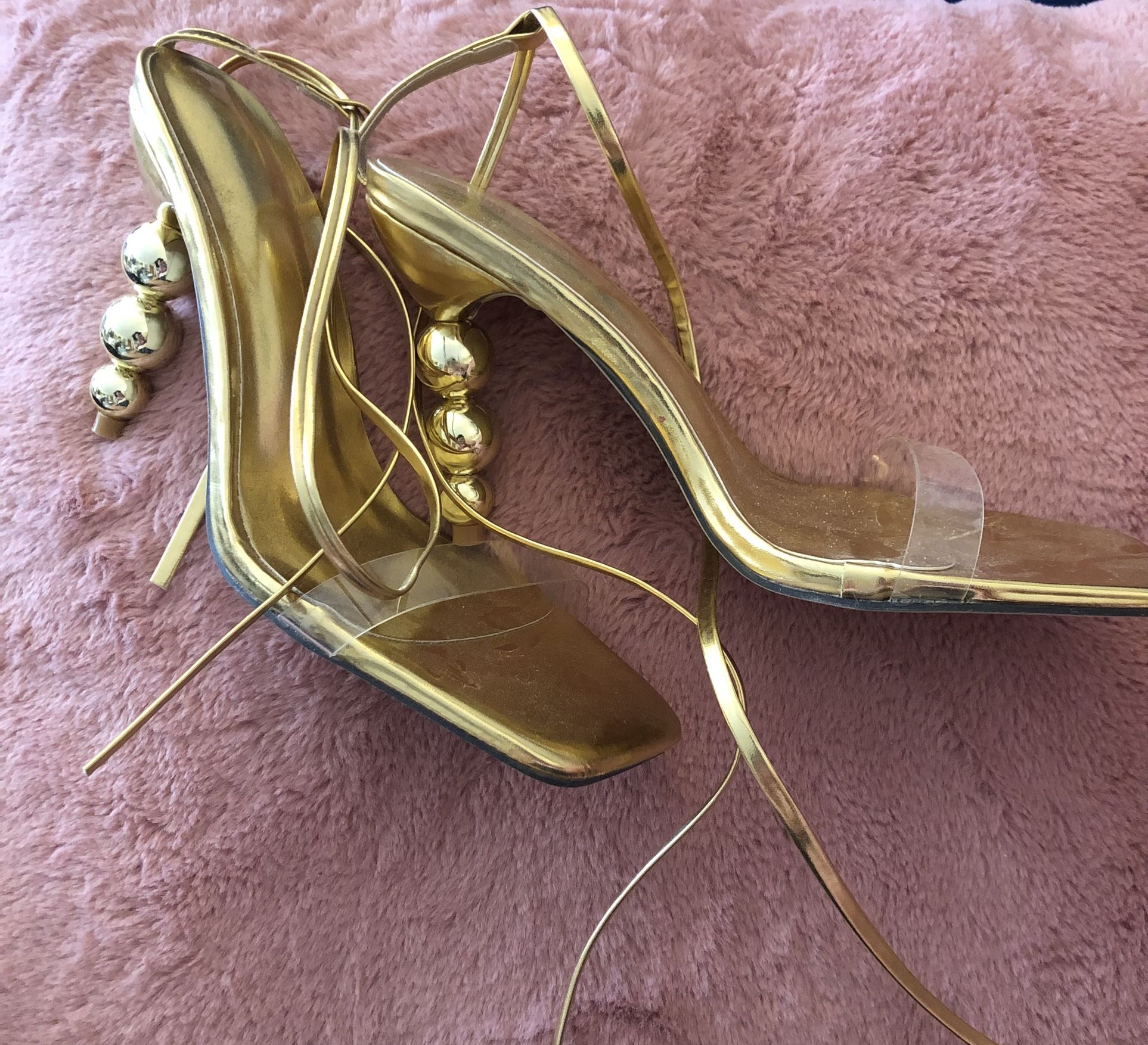 Gold Metallic Clear Strappy Heels - Size 9