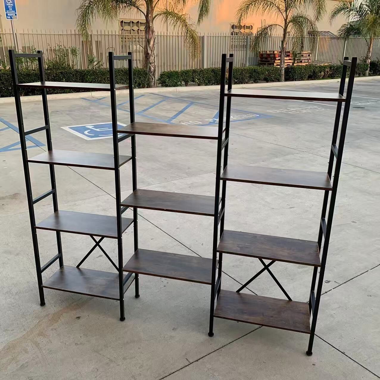 New In Box 60x10x56 Inch Tall 4 Tier Bookshelf Display Triple Shelf Rack Steel Frame Rustic Brown Laminate