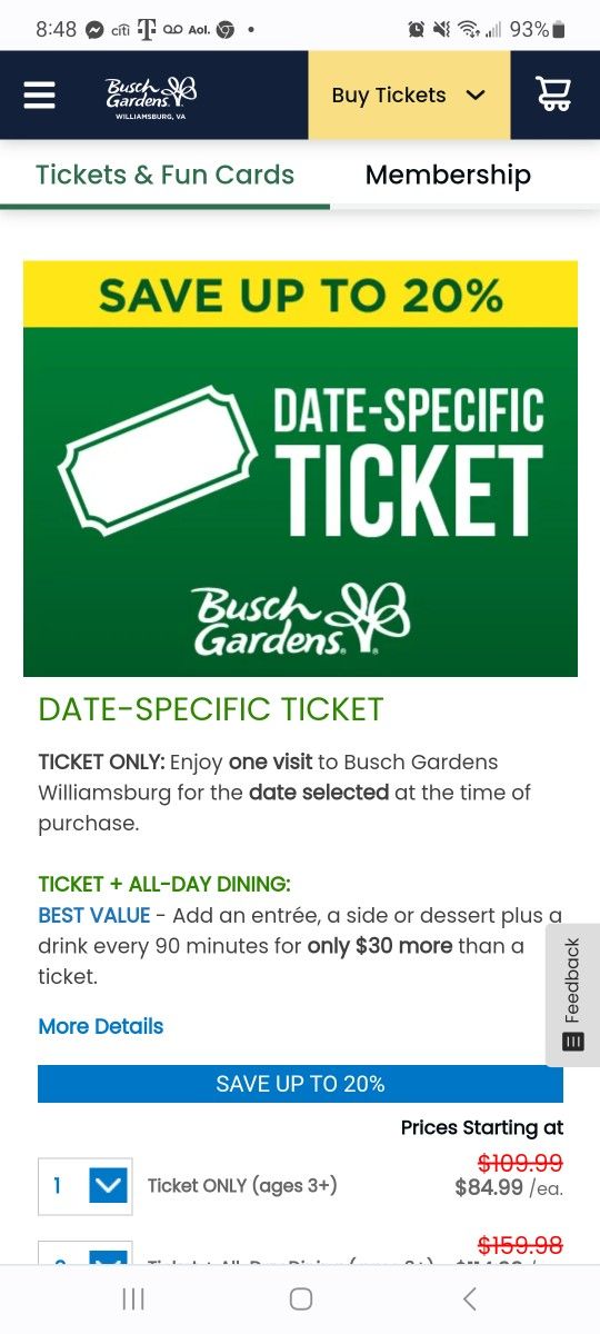 Busch Gardens Williamsburg ONE day Admission Ticket TODAY Only 8/3/2023 -- Discounted Ticket $50