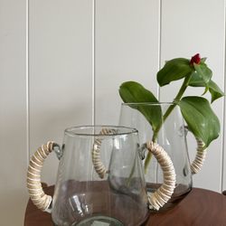 Brand new glass vases with woven handles