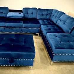 Blue Sectional w/ Drop Down and Storage Ottoman