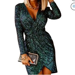 Women Mini Dress Party Cocktail Wedding Formal Long Sleeve V-Neck Solid Color Sequins Sexy Elegant Evening Dress