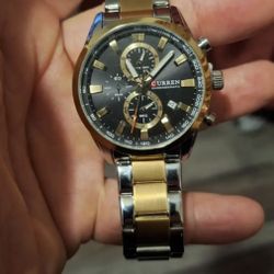 CURREN Business Men's Watch, Gold And Black, Steel Band,Multifunctional Chronograph, Waterproof