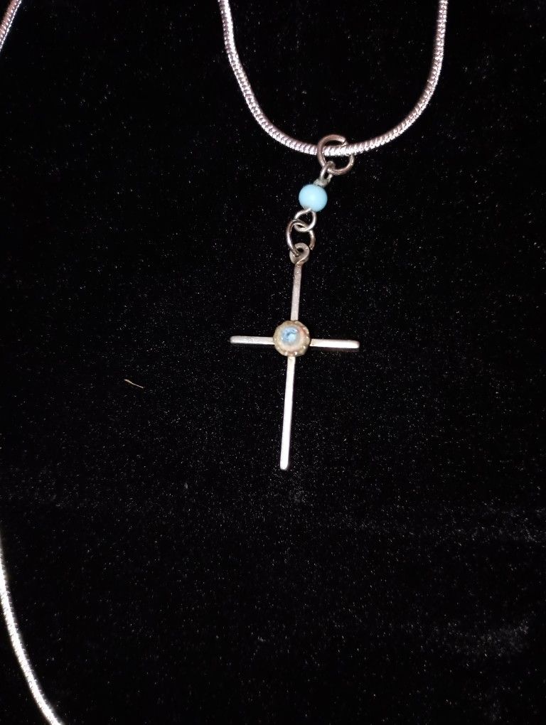 Solid 925 antique cross dangle pendant w/ turquoise on .925 2mm 20" snake chain