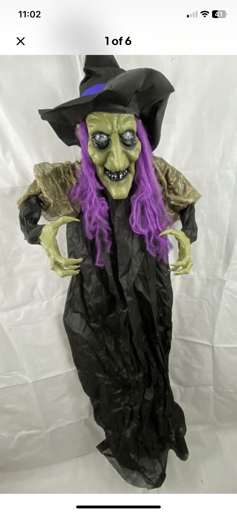 65 Inch Hanging Witch Gold Purple animated sounds light eyes, Halloween prop decoration