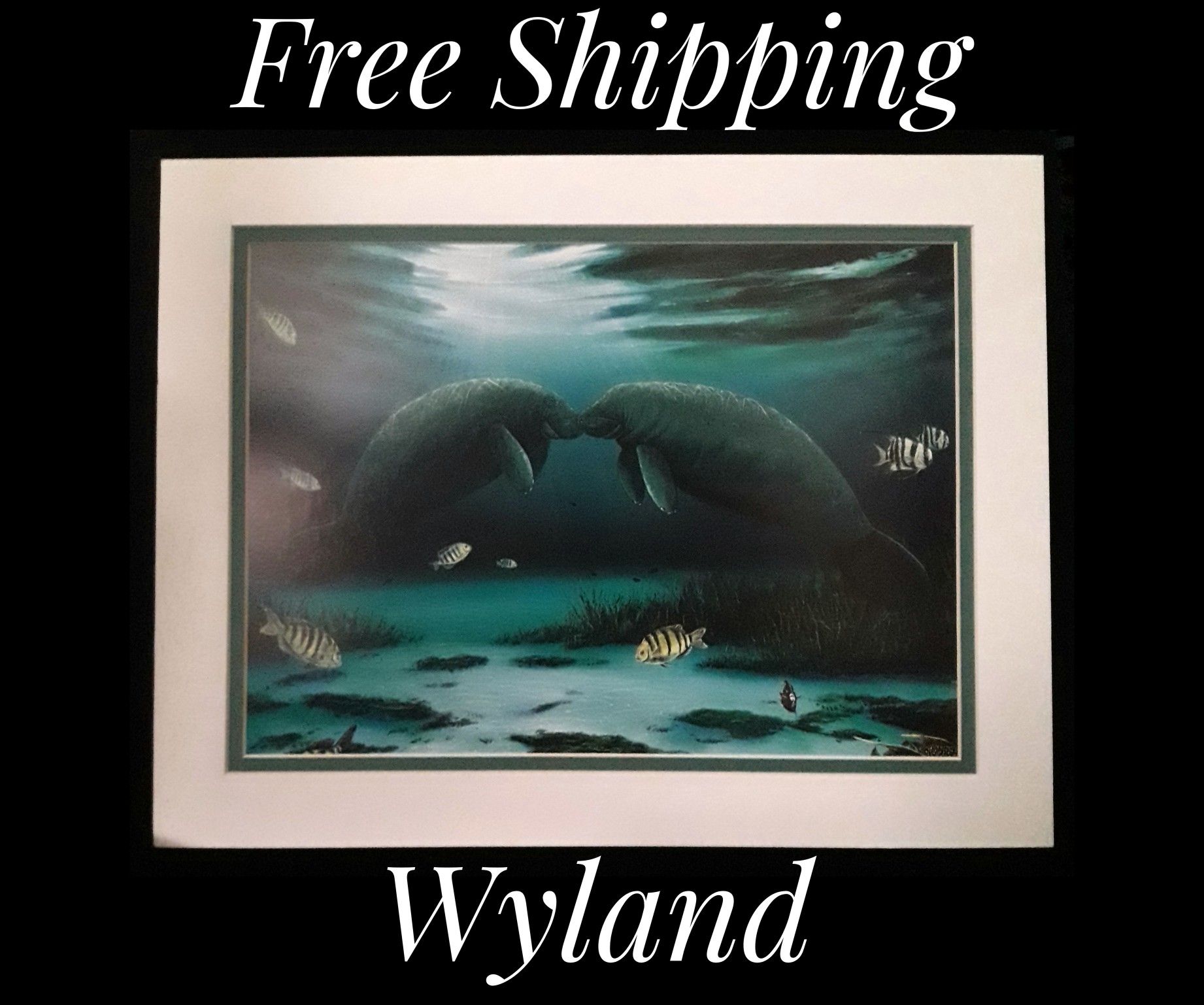 Wyland, "Manatee Encounter" 11" x 14" Fine Art Calender Print. Mounted on Acid Free Foam Core. Double Matted on Acid Free Matt Board