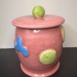Debby Carmen Ceramic Pink Dog Canister Jar with Blue Bones & Green Tennis Balls