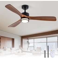 52” Outdoor Ceiling Fan with Light, 3 Walnut Solid Wood Blade, Remote Control, 3CCT Dimmable LED, Timer, 6-Speed Reversible Motor All-Weather Use