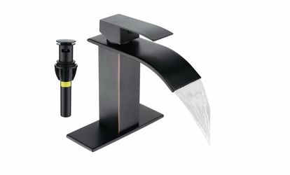 Oil Rubbed Bronze Waterfall Bathroom Faucet Lavatory Single Handle 1 or 3 Hole Bathroom Sink Faucet Washbasin Faucet with Deck and Pop-up Drain (Short