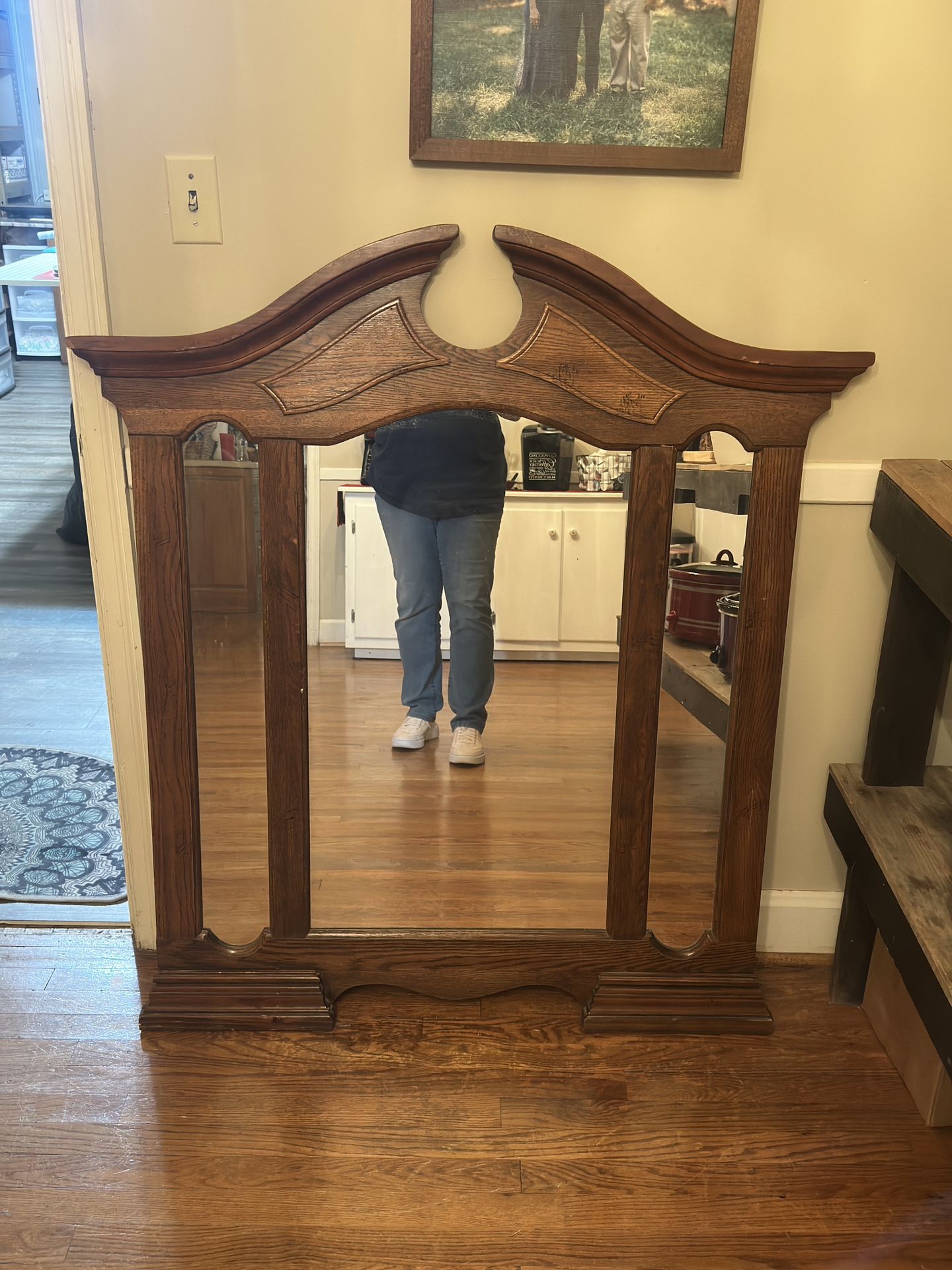 Antique Vintage Oak 3  Panel Mirror Decor