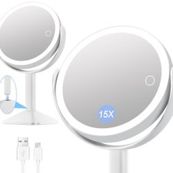 8.5inch 2600mAh Rechargeable Lighted Makeup Mirror,15X/1X Magnifying Double-Sided LED Vanity Mirror with Lights, 3 Color Lights, 360° Rotatable Desk M