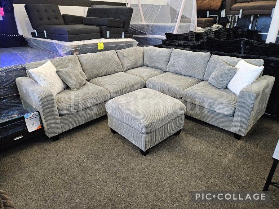 Brand New Sectional Grey Corduroy Fabric W/ Ottoman $599