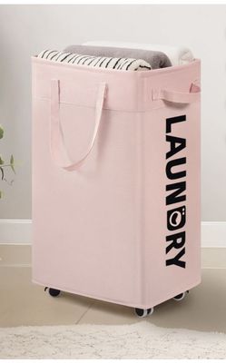 Laundry Basket with Wheels, Dorm Room Essentials for Girls, 75L Collapsible Laundry Basket, Pink New