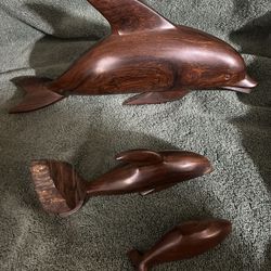 Set Of 3 Wood Dolphins 