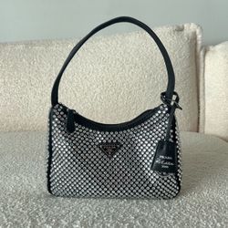 Prada Re-edition Satin Shoulder Bag with Crystals