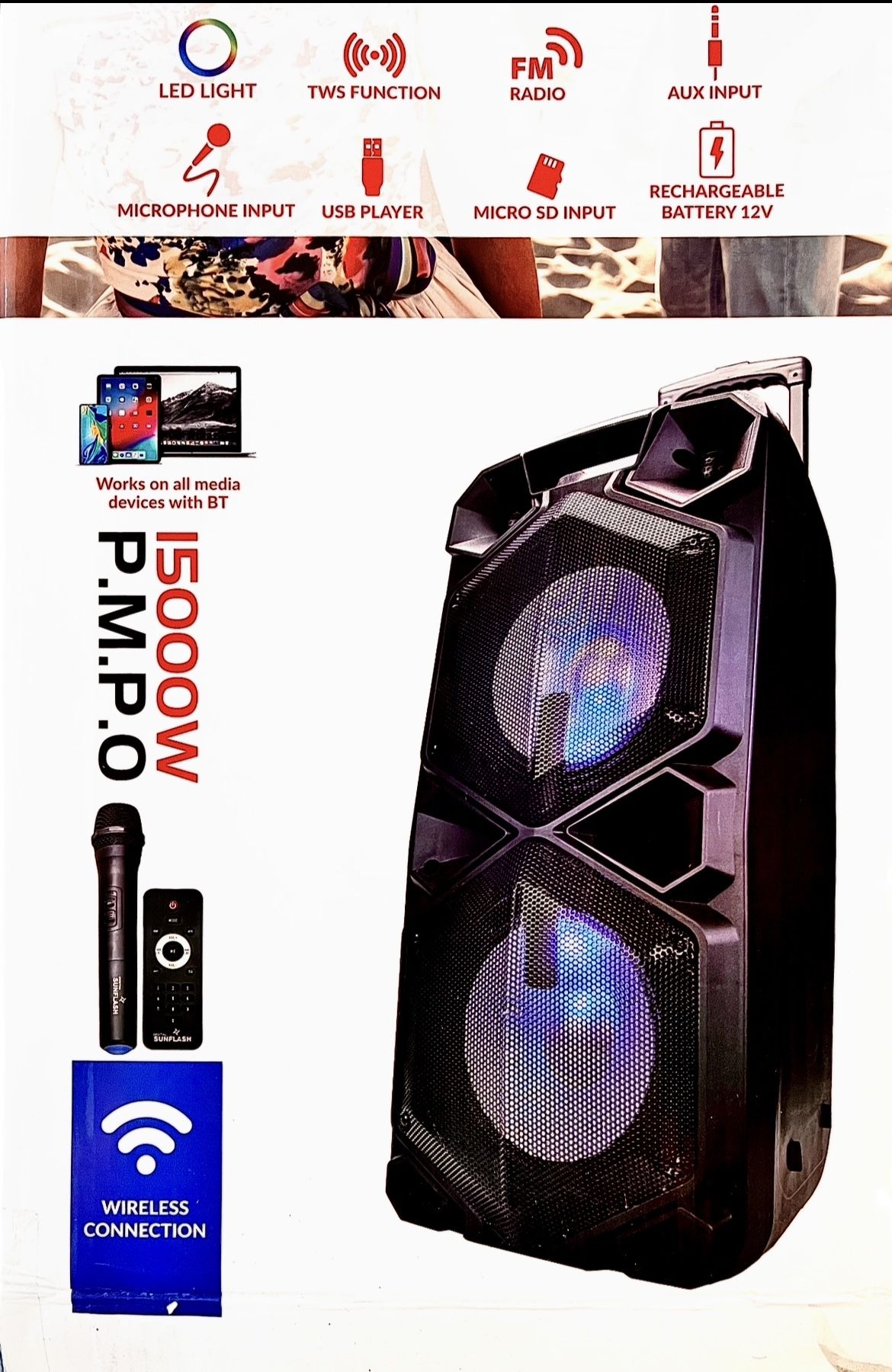 Pro-DJ Bluetooth Speaker with TWS/ USB/ SD/ Micro SD/ AUX Inputs/ FM Radio/ LED Lights/ Mic & Control Included/ Rechargeable