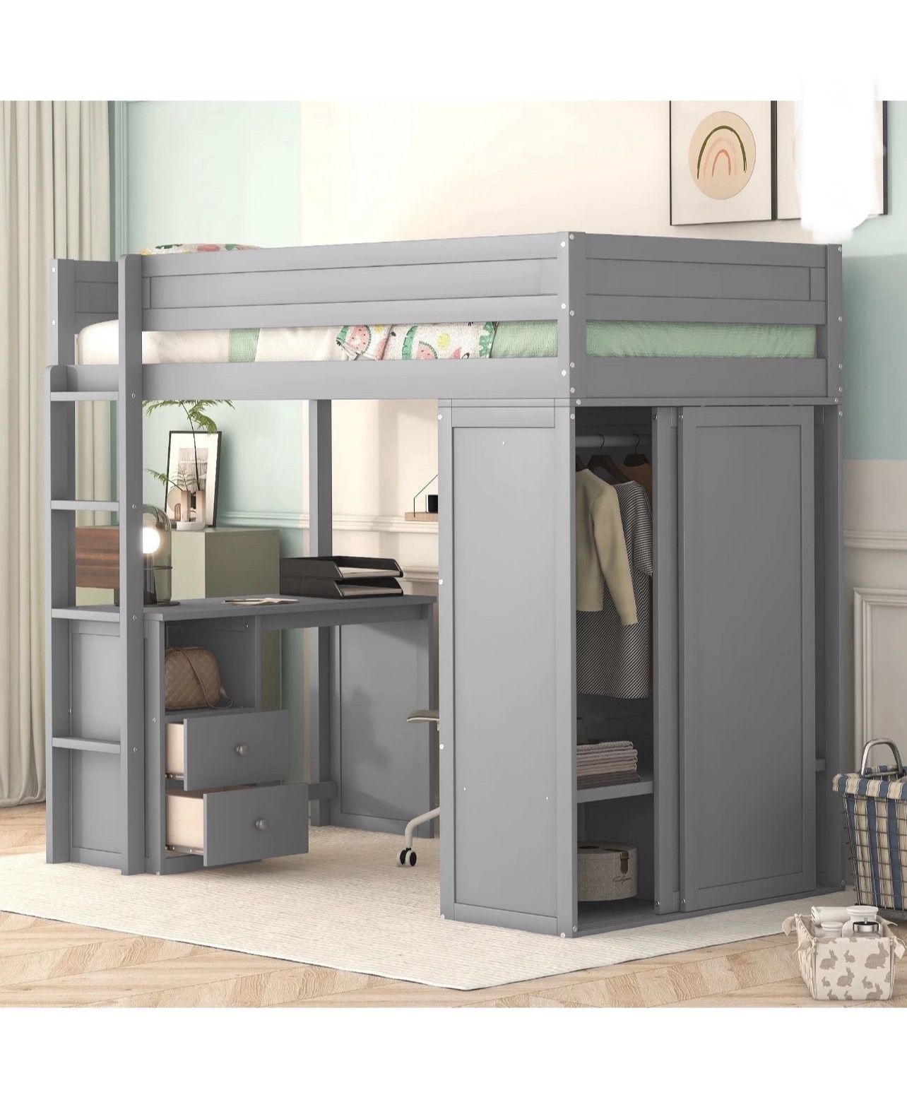 ποΈ New Gray Wood Twin Loft Bed with Desk & Wardrobe β Space-Saving Design! ποΈ