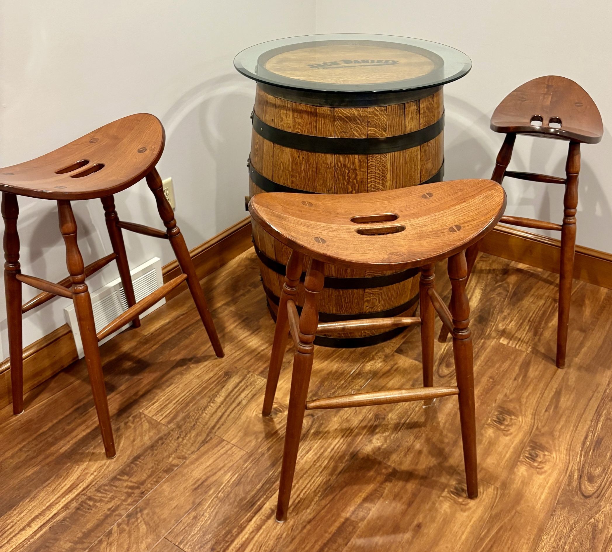 Jack Daniels Barrel Table and Oak Stools