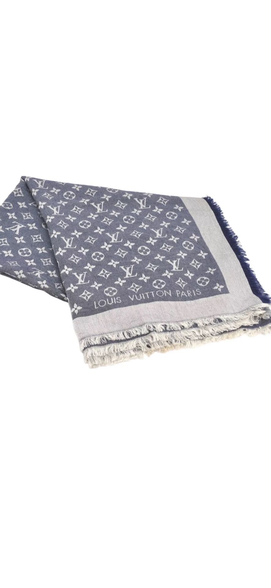 Auth Louis Vuitton Monogram Denim Stole Scarf Shawl Silk Wool