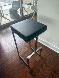 Set of 4 Modern Minimalist Bar Height Stools - Black Leather & Stainless Steel