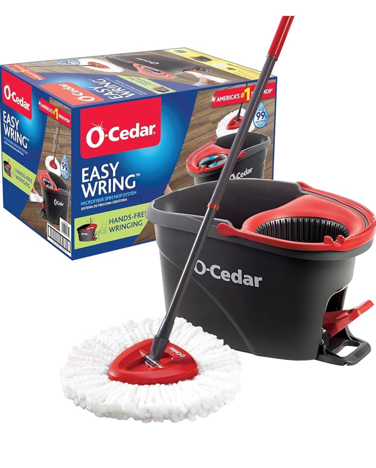 New O-Cedar EasyWring Microfiber Spin Mop, Bucket Floor Cleaning System, Red, Gray, Standard