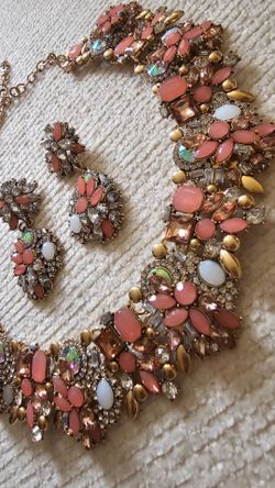 Pink Necklace Statement Jewelry Ear Rings Rhinestone Gold Tone