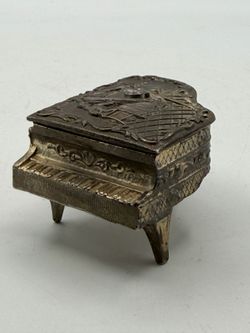 Vintage PIANO Harp Ballerina JEWELRY BOX SILVER PLATED Patina JAPAN Etched MCM