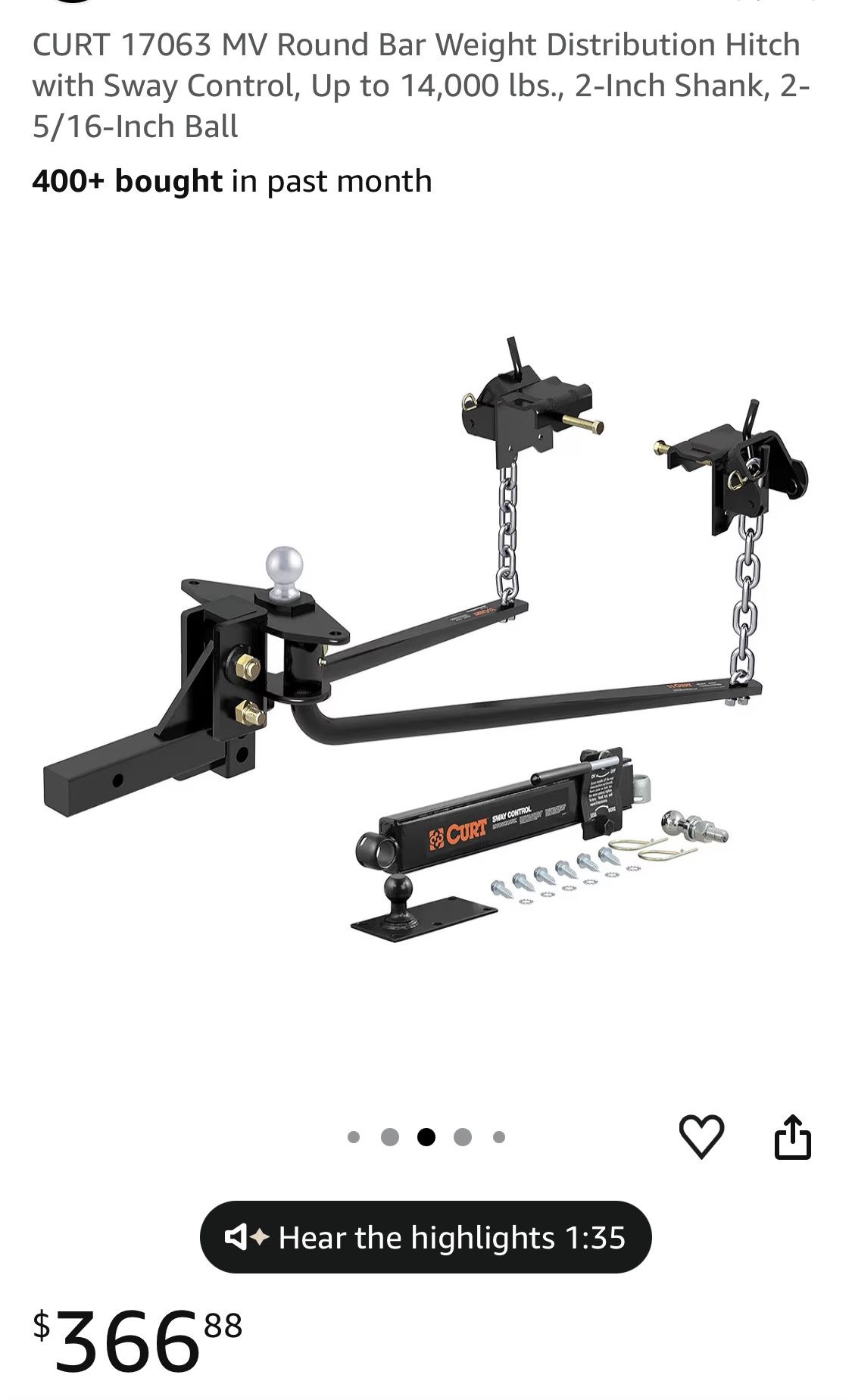 CURT 17063 MV Round Bar Weight Distribution Hitch with Sway Control