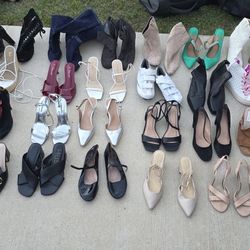 31 Pairs Of assorted Shoes, Sandals, Boots And Heels Size 7 And 7.5 