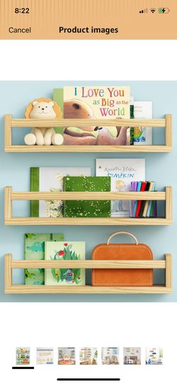 Brand new in box Floating Nursery Book Shelves, Natural Wood Wall Bookshelf for Kids Room set of 3