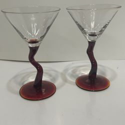 2 Red Martini Glasses Holds 2oz Zig Zag Stem Clear Glass