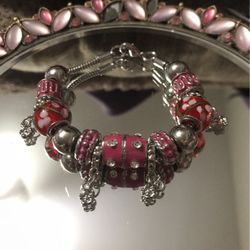 Beautiful !!! Silver Pink Crystal Stone Charm Braclet 