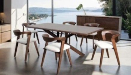 Brand New Walnut & Beige Mid Century Modern Style 7pc Dining Table Set