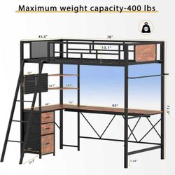 Loft Bed Twin Size with L-Shaped Desk, LED Lights Charging Station, Storage Shelves, Pegboards Black  
