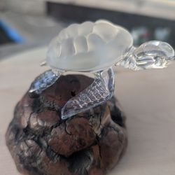 Green Sea Turtle figurine w/wood stand handmade blown Glass