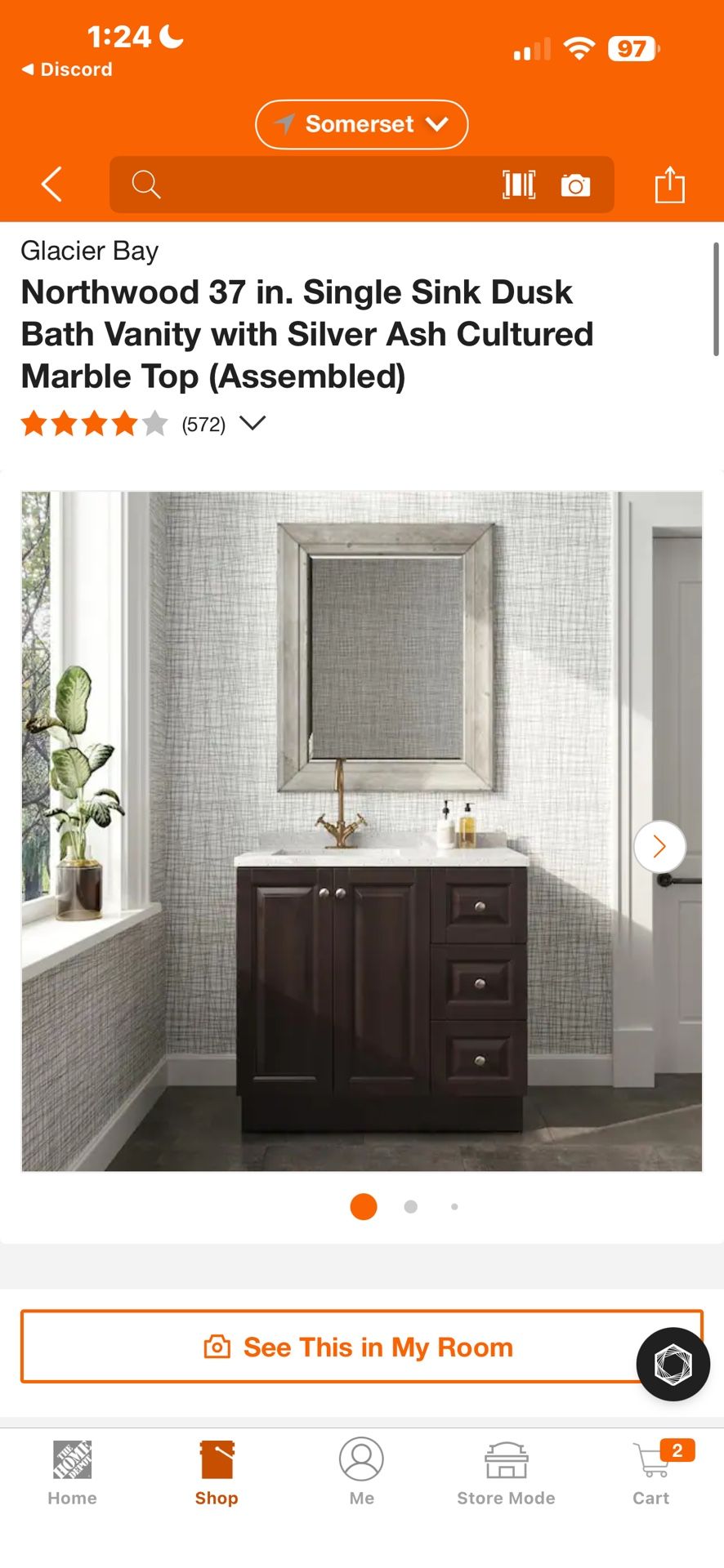 *NEW* Glacier Bay Northwood 37 in Single Sink Vanity with Silver Ash Cultured Marble (Assembled)