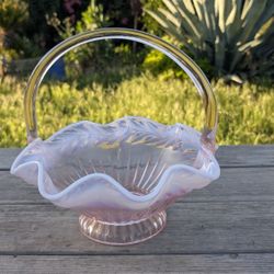Vintage 11.5" Pink Opalescent Glass Basket with Clear Applied Handle & Ruffled Rim

