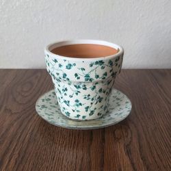 Adorable Terracotta Flower Pot & Saucer with a Green  Ivy Pattern