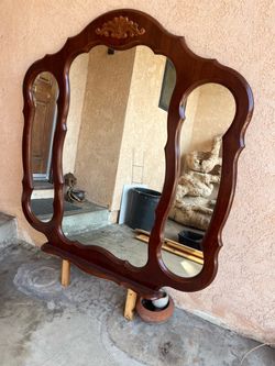 Large Vintage Tri-Panel Wooden Dresser Mirror