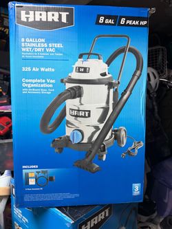 HART 8 Gallon Wet/Dry Vacuum, 6 Peak HP Motor, Stainless Steel Tank, Convertible to Blower, On-Board Storage, 17 ft Cleaning Reach