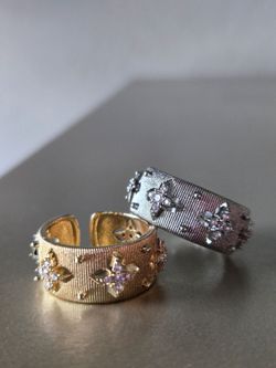 Floral Crystal Wide Band Rings Set of 2