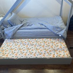House Bed with Trundle + 2 Twin Gel Memory Foam Mattresses (Simmons)