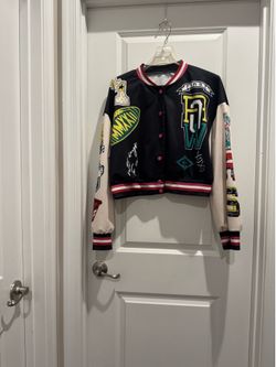 Women’s Graphic Patch Bomber Jacket - Black & Cream size xxl