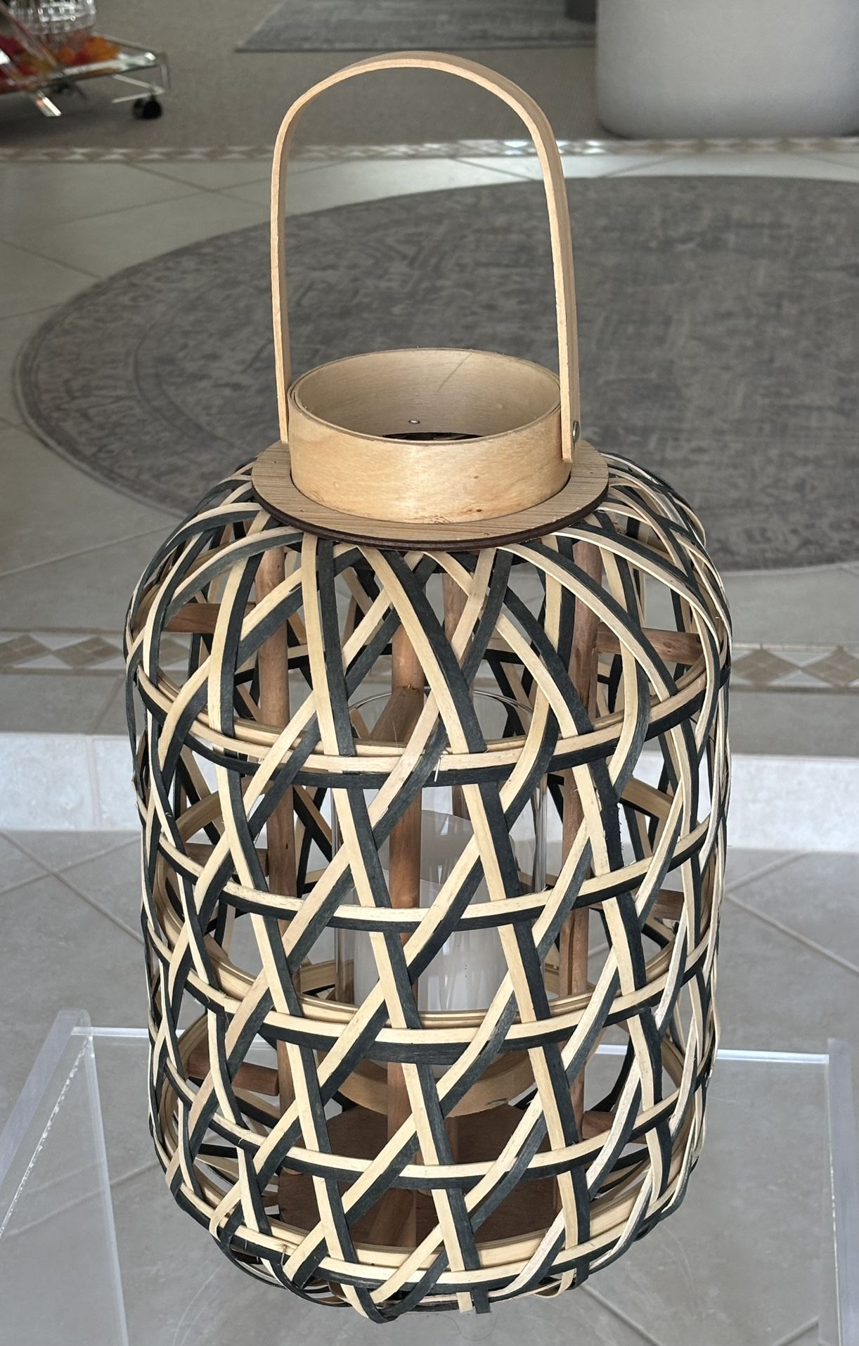 17”H Black and Natural Woven Rattan Lantern with Flameless Candle