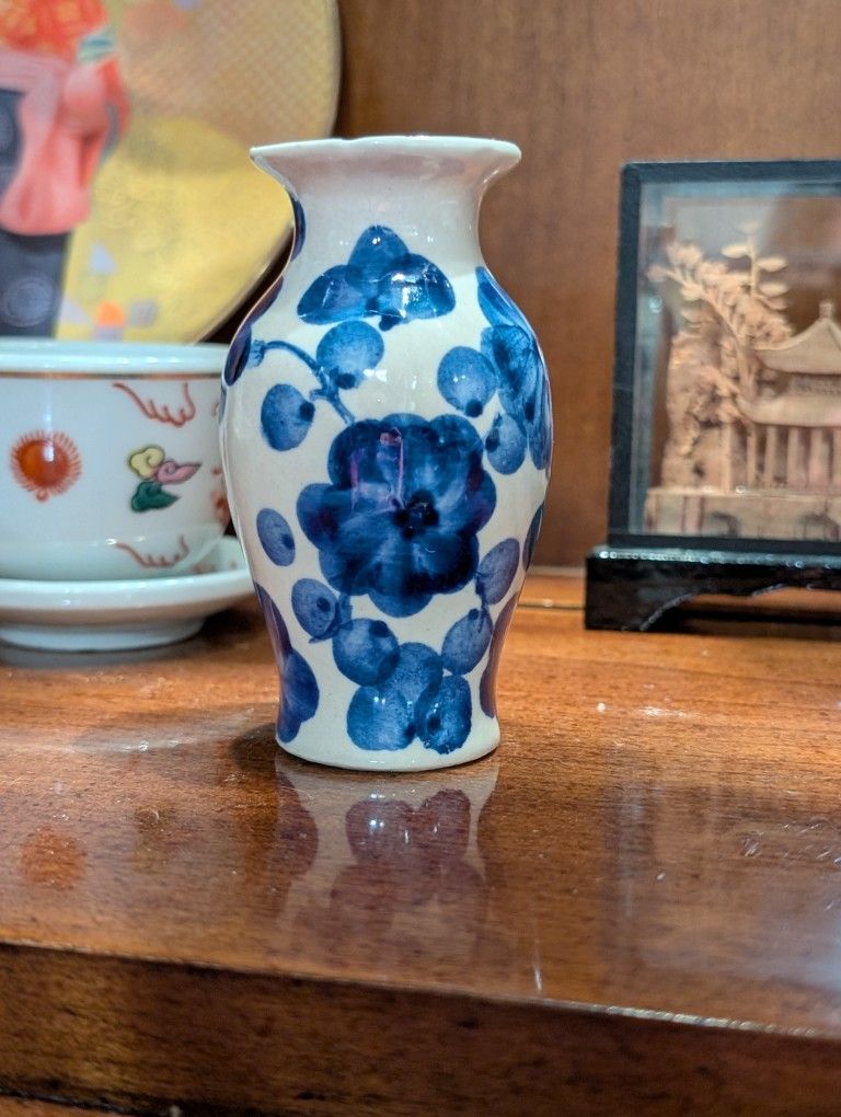 Vintage Mini Porcelain Vase White Blue Floral