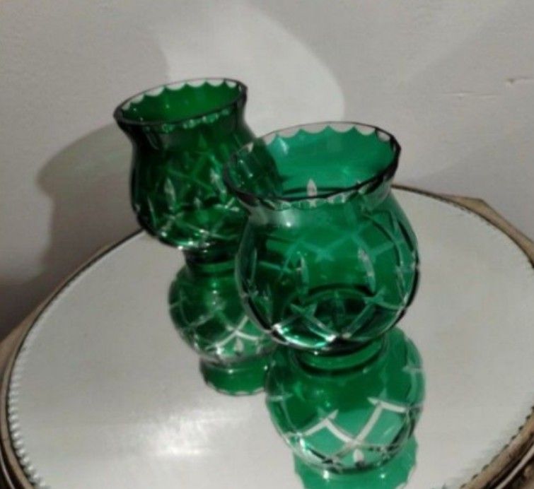 GREEN CRYSTAL  FOOTED  BOWLS / CANDLESTICKS SET OF 2 - 5"×4" / M49