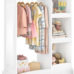 Kids Dress Up Storage with Flower Mirror, Open Hanging Closet Wardrobe for Children, Kids Armoire & Costume Organizer for Bedroom Playroom Preschools 
