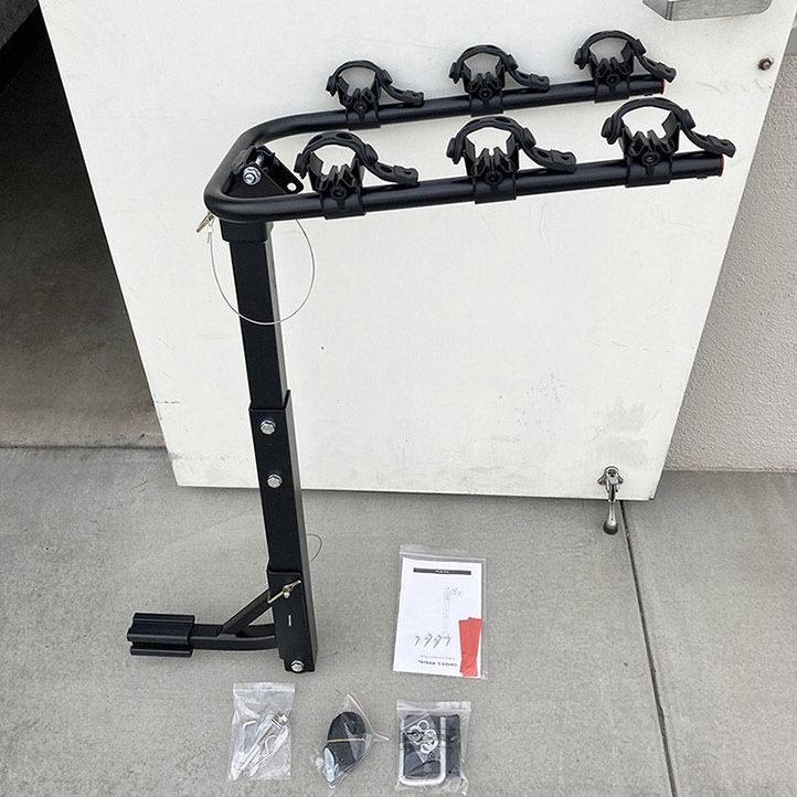 (NEW) $65 Tilt Folding 3-Bike Mount Rack Bicycle Carrier 2” Hitch 110lbs Max w/ No-Wooble U Bolt & Straps