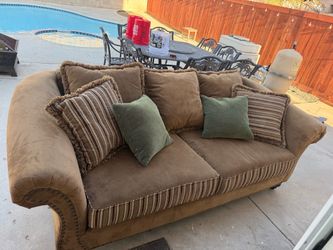 2 Brown Microfiber Sofas with Throw Pillows